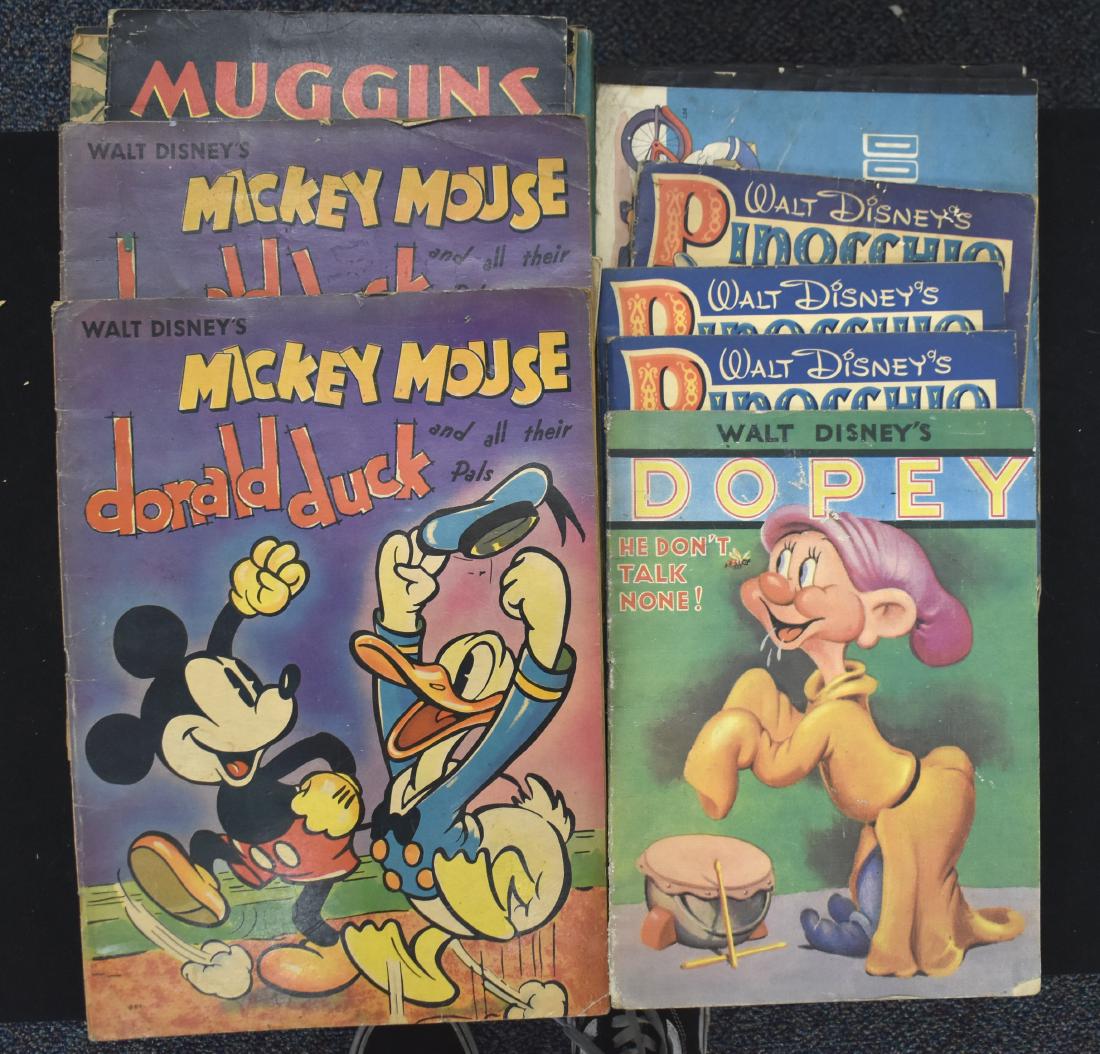Walt Disney and other Vintage Story Books: Three copies of Pinocchio 1939, Dopey 1938. two copies of Donald's Lucky Day 1939 and two copies of Mickey Mouse and Donald Duck - undated,. Lot also includes two copies of Muggins Mouse, Uncle Wiggly