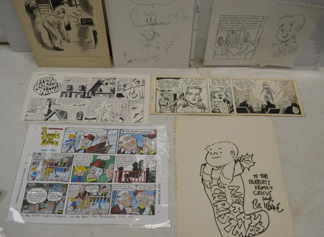 Original Art by Cartoon Artists (8): Original art by Bob Bolling (Archie), Bobbie London (Dirty Duck), Scott Hilburn, Bill Keane (Family Circus), Paul Norris (Brick Bradford), Steve Roper, Mike Nomad, R. C. Dell (WWII) and hand colored p