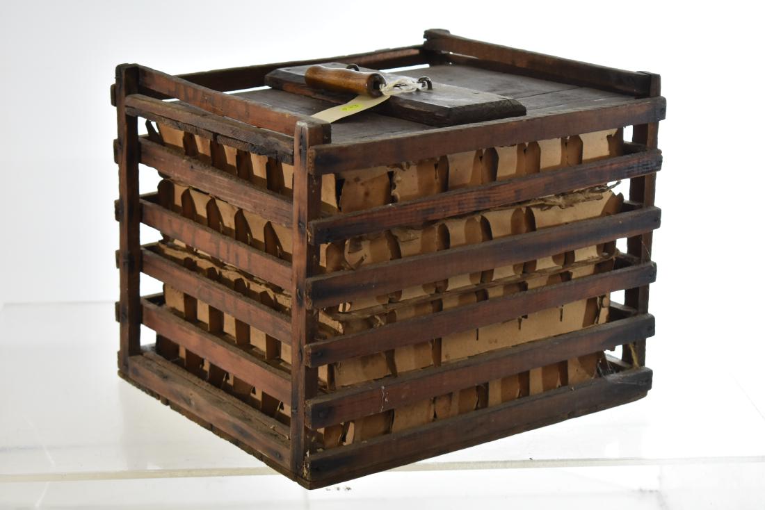 Vintage Egg Crate: Item is a five dozen egg crate. It has original cardboard interior and one cracked frame brace.