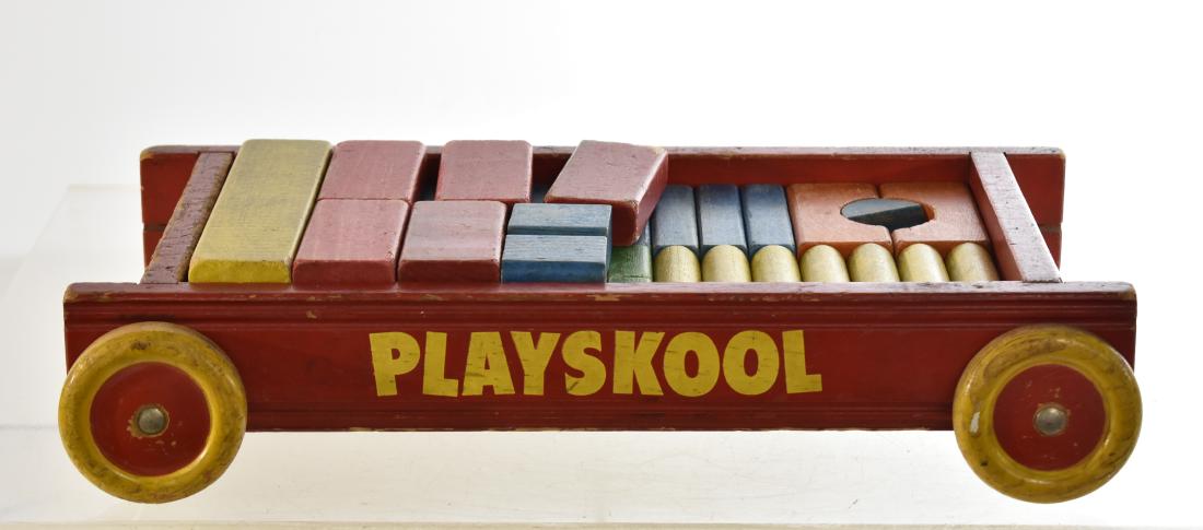 Wooden Playskool Wagon: Item measures approx. 18" in length. It is a wooden wagon with wooden wheels and is filled with various Playskool blocks.