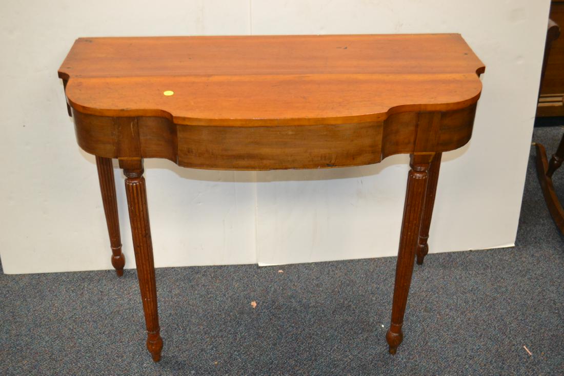 19th Century Demi Lune Table: Item measures approx. 28 1/2"h x 37 1/2"w x 18"d. It was once a game table but is now missing the top.