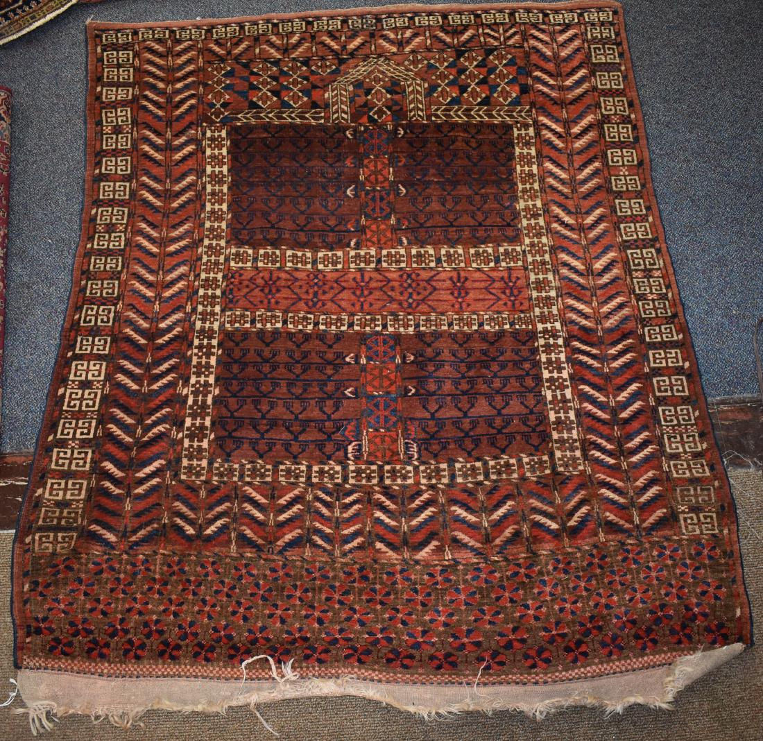 Semi Antique Afghan Prayer Rug: Item measures approx. 64"long x 52"w. It is a red single directional carpet with a geometric design.