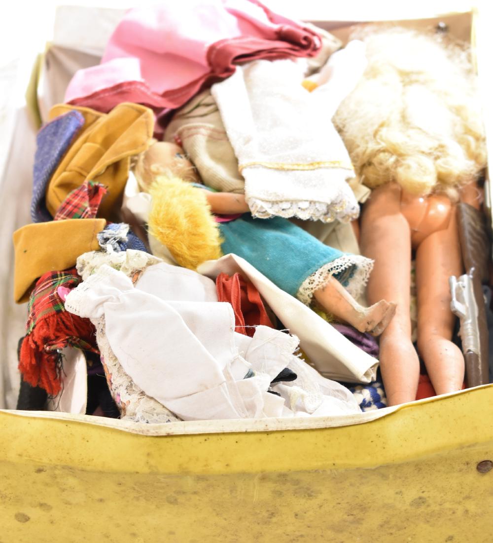 Barbie Doll Case and Clothing: Includes a yellow Barbie doll case, a large assortment of vintage Barbie doll clothing and a Barbie in "as found" condition. Note: case is bent.