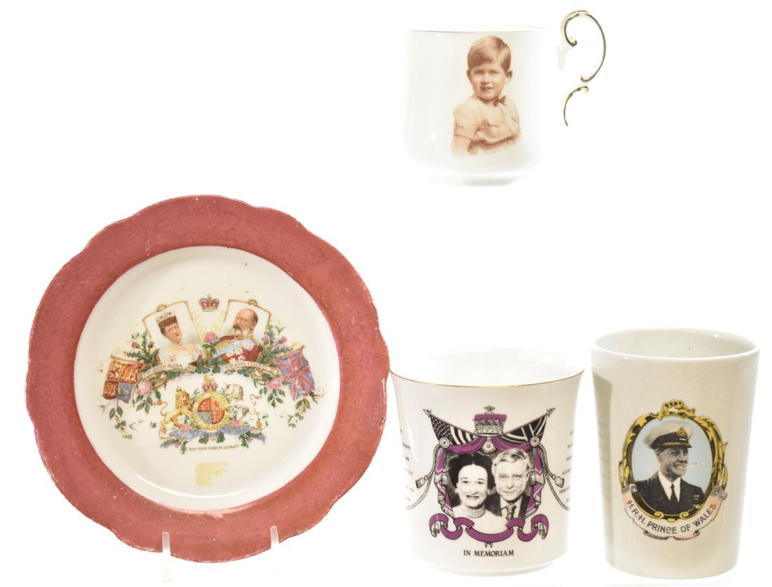 Four Pieces of Vintage Royal Family China: Including a Prince of Wales mug from the 1920's, a photo portrait mug of Prince Charles as a child, a toddy plate of Queen Alexandra and King Edward VII and an in Memoriam mug of the Duchess of Windso