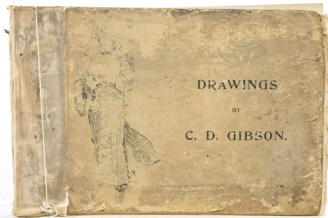 C.D. Gibson Portfolio: Portfolio is filled with Gibson drawings of various styles. It is loose from binding and pages show some staining at edges, Sold in "as found" condition.