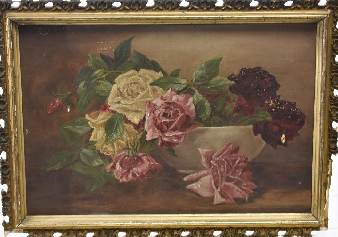Victorian Oil on Canvas of Roses: Exposed area measures approx. 10"h x 15"w. It depicts roses in a bowl. Item has two small punctures and minor paint loss. and is in a frame that shows some loss.