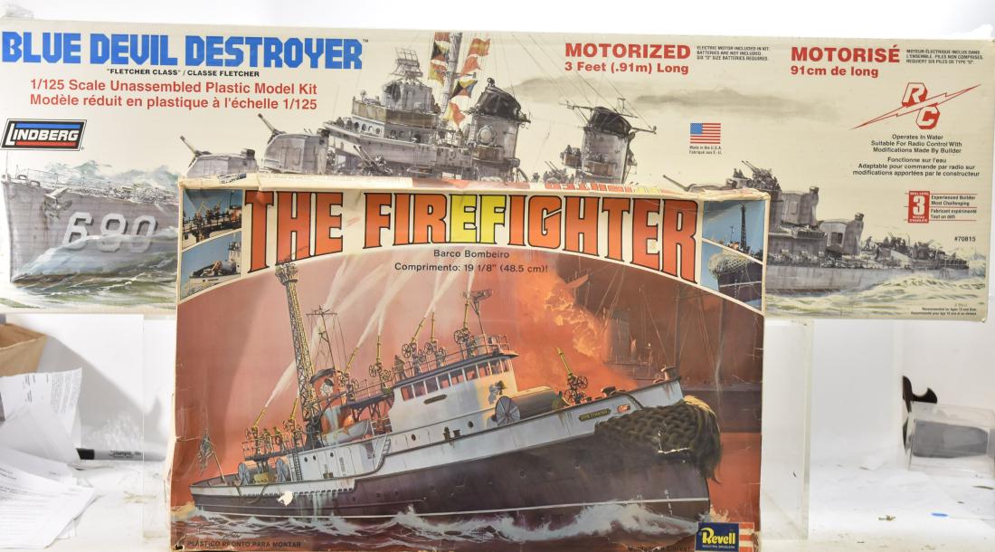 Two Model Ships: Including a Lindberg 36"long motorized Blue Devil destroyer (New in Box) and a Revell Firefighter ship in box (box is rough - item may be incomplete).