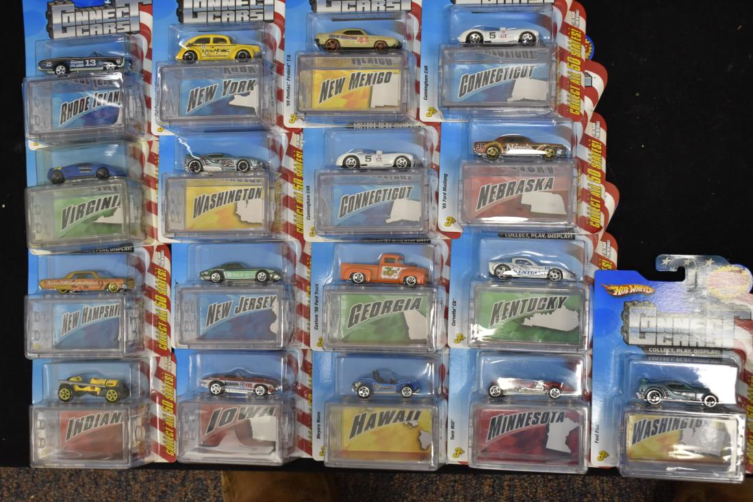 Hot Wheels Connect Cars NIB: Sixteen pieces all on original hang card - comes with display cases.