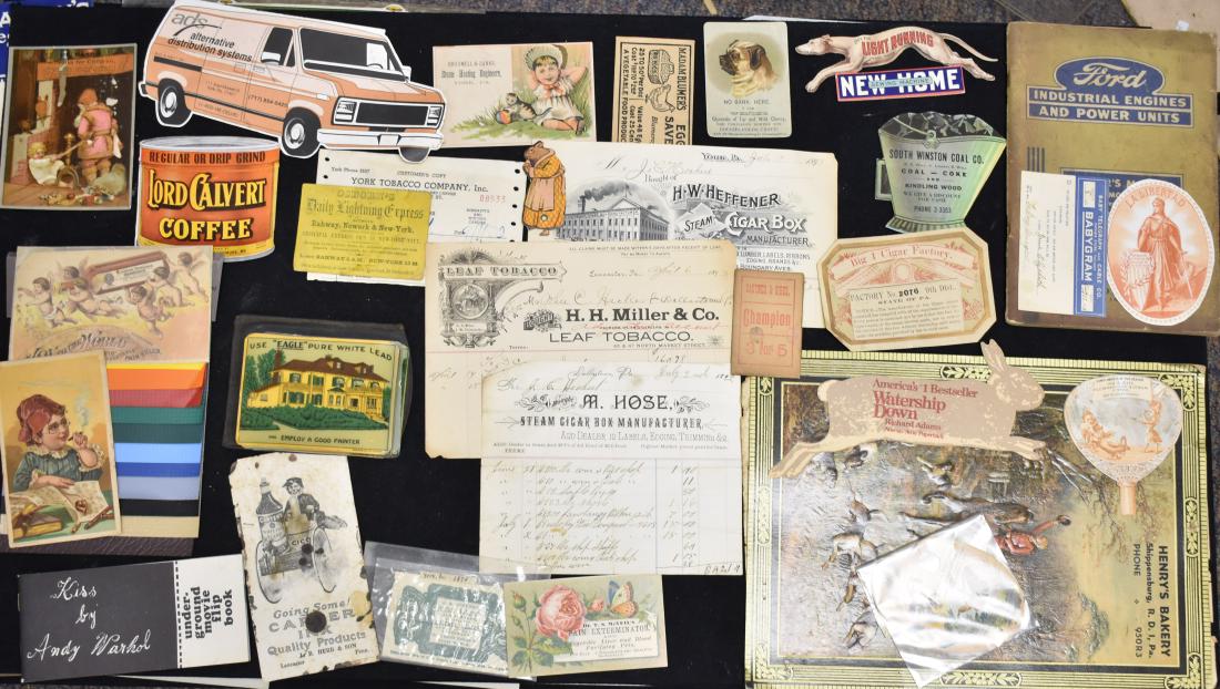 Vintage Advertising Ephemera: 19th century cigar advertising and receipts, "Eagle Lead Paint Color Cards", a "New Home Sewing Machine" bookmark with a greyhound, various advertising cards and a Andy Warhol and Jack Smith flip phot