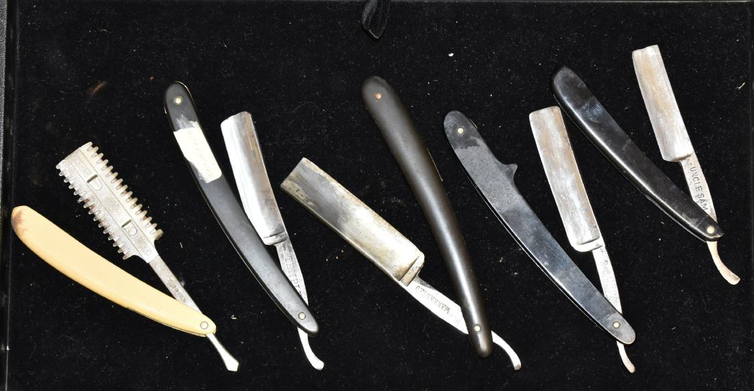 Five Vintage Straight Razors: Including a "Pearlicross" with a heavy blade, a "Temple", a "JR Torfey", an "Uncle Sam" and a double edged straight razor with a celluloid case.