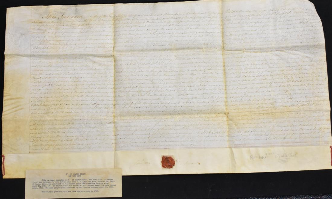 New York City Indenture 1785: Measures approx. 16"h x 29"w. Signed by Jon M. Meyer and has one wax stamp. Document is from the collection of noted ephemera expert Charlie Roberts.