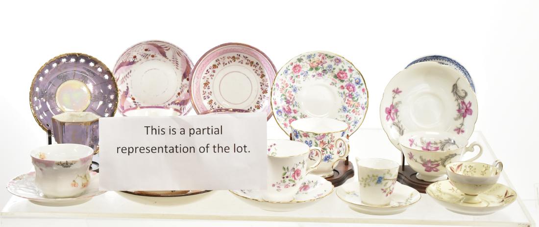 Collection of Cups and Saucers: Including pink transfer cups and saucers, Royal Victoria cups and saucers, a Noritake cup and saucer and various others. Sixteen total sets.