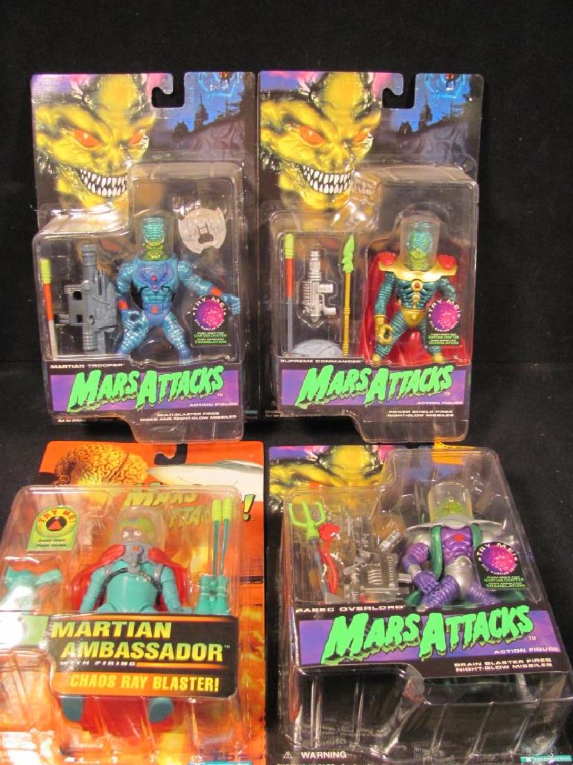 Mars Attacks figures (4) in original boxes: Four Mars Attacks action figures, approx 6" including Martian Ambassador, Pac Overlord, Supreme Commander, Martian Trooper; all made by Trendmasters c1996 in original packaging