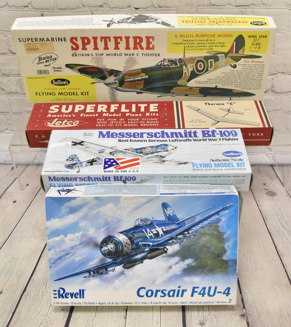 Four Airplane Models: Including a Messerschmitt, a Jetco Superlite, a Revell Corsair and a Supermarine Spitfire.