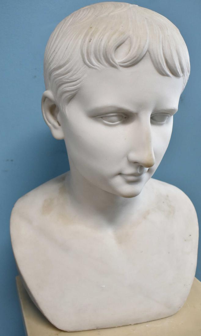 19th C Marble Bust of Caesar Augustus attr. C.Roma: Marble Bust of Caesar Augustus attributed to Clerici Roma circa 1875; 17" ht x 11.5" w x 8"d. Weight approx 56.6 pounds.