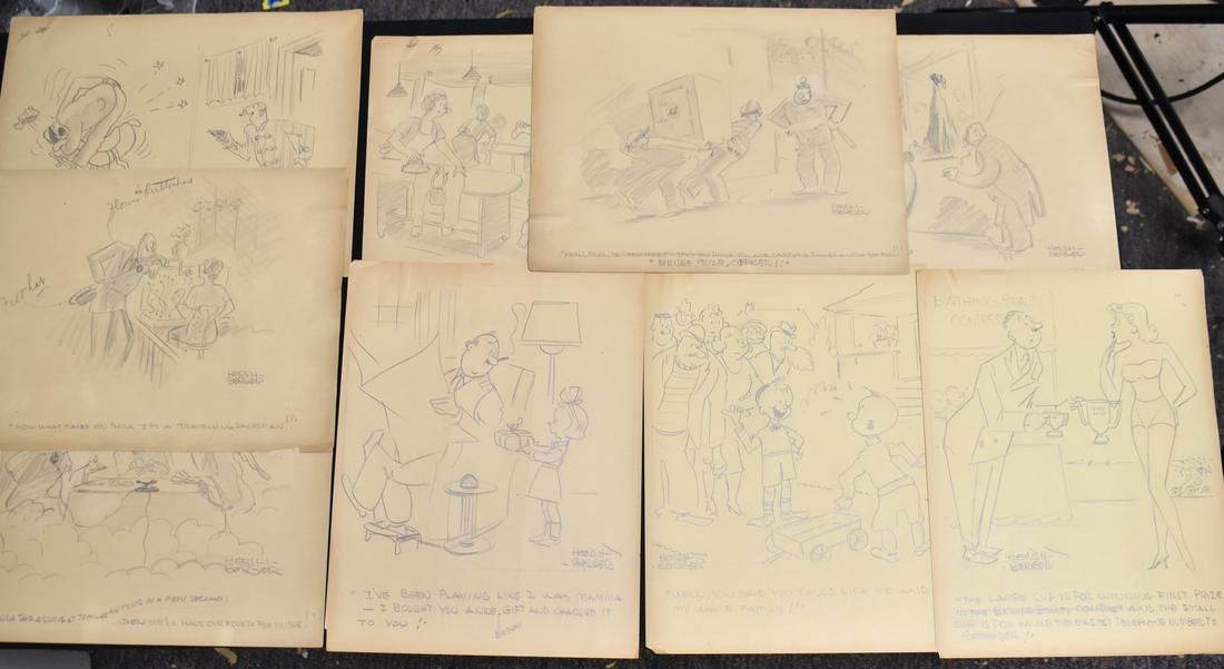 Nine Original Drawings by Hershberger: Each measures approx. 11"h x 8 1/2"w. All are pencil drawn cartoons and all are hand signed.