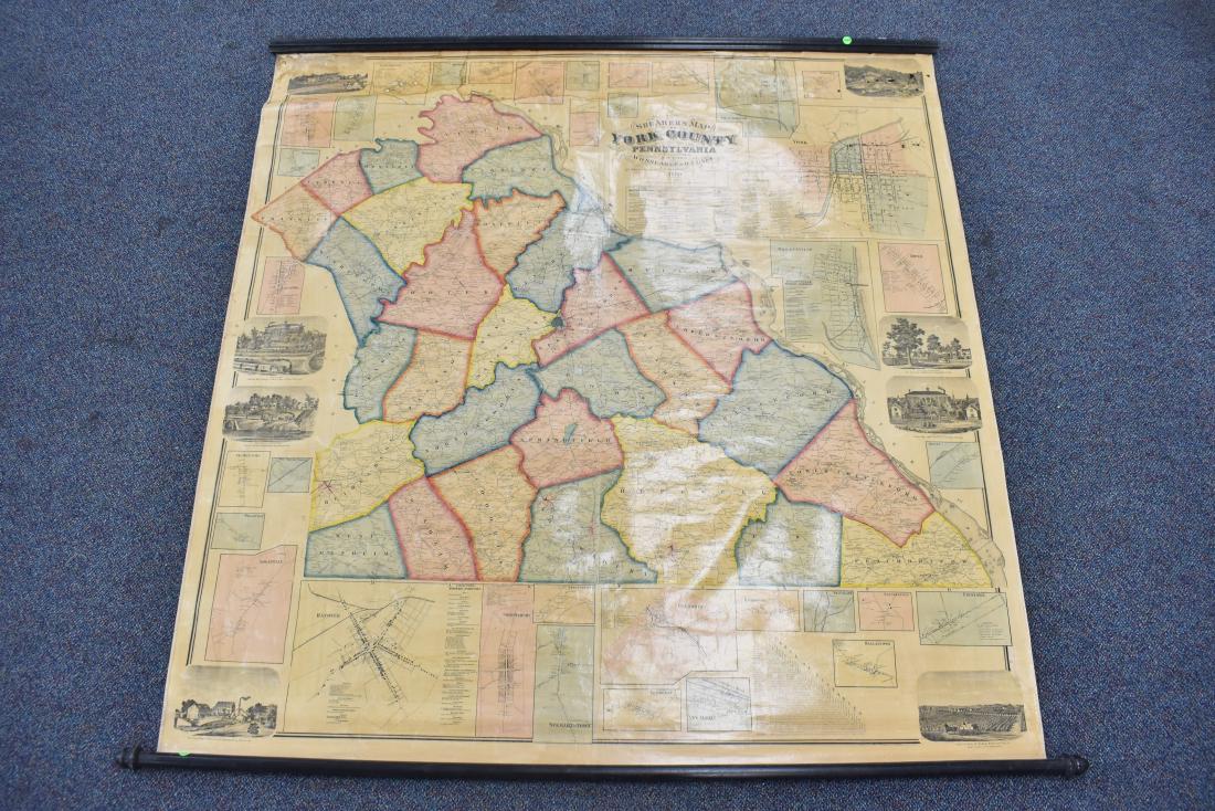Large Map of York County, Pa by Shearer - 1860: Map measures approx. 61"h x 60"w. It is a color printed map with black and white lithographs of important local places. It has the original wooden hanger and roller bar and was produced by W. O. Shear