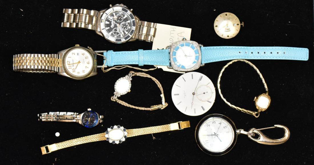 Grouping of Watches: Including a lady's Judith Ripka with a teal face and band, a lady's Dufonte, a lady's Oryx, a men's Rawlings chronograph, an Ernest Duval pocket watch movement and other items.