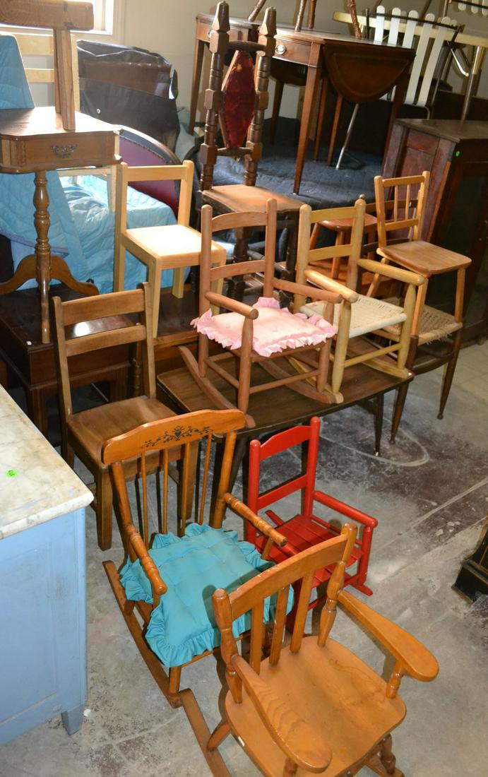 Collection Of Children: Lot includes chairs, stools, stands and other items. Approx 18 total items.
