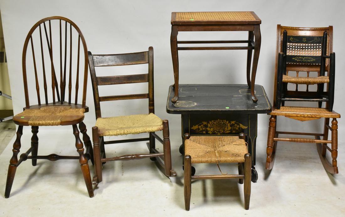 Mixed Furniture Grouping: Lot includes a stenciled child's table and chair, two rockers, a Windsor style chair and two stools.