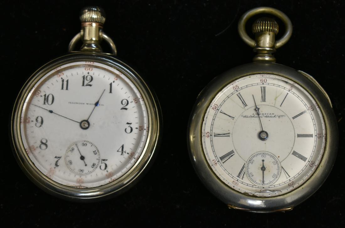 Two Vintage Pocket Watches: Including an Illinois pocket watch with a second hand and a Waltham American with a second hand. Both have small chips to bezel.