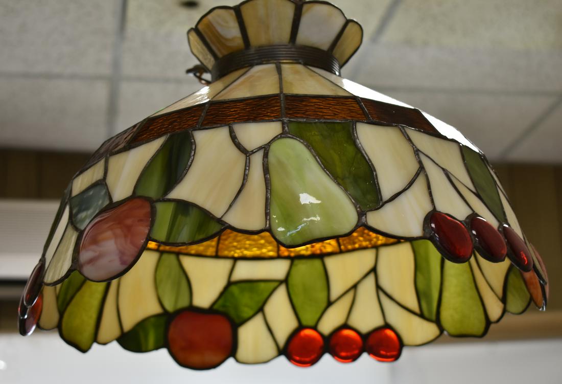Stained Glass Hanging Lamp: Measures approx. 17"dia. It has a fruit pattern, was produced in 1983 by "Glass Reflections" and has no visible damage.