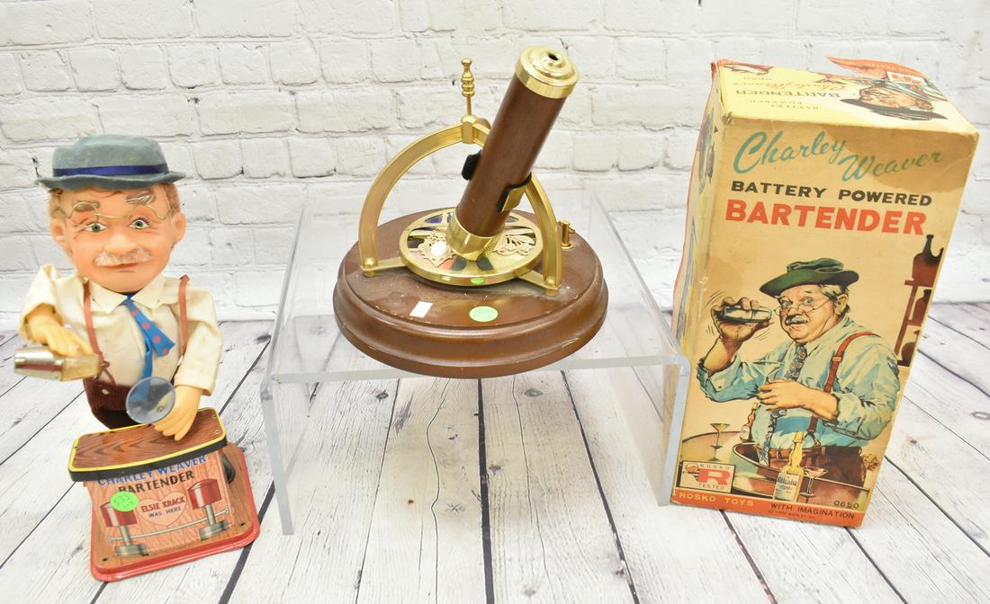 Kalidescope and a Battery Op Toy: Lot includes a kaleidoscope music box and a Charlie Weaver bartender toy with original box top.