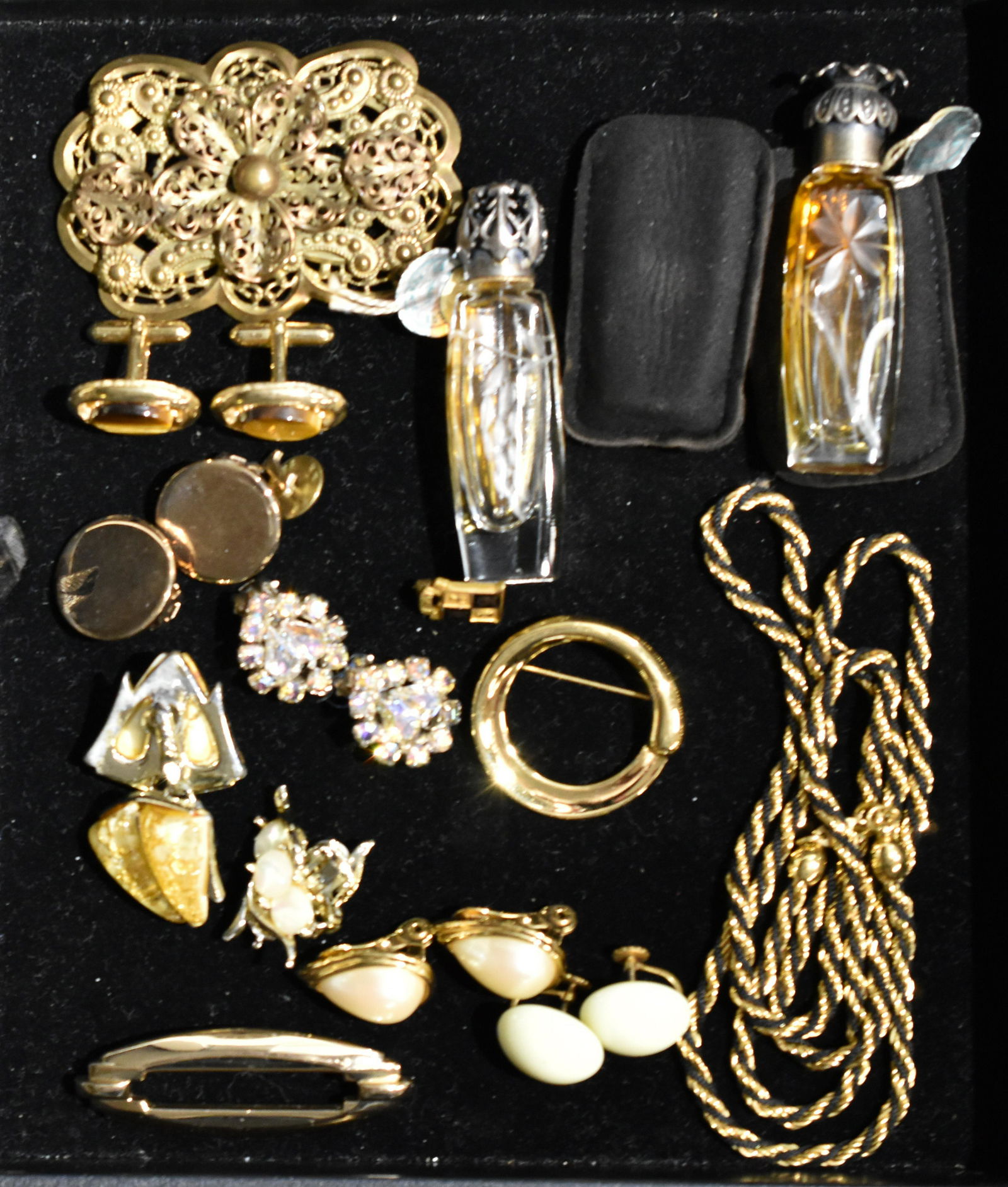 Vintage Costume & French Perfume: Including Coro, Berger, & mar hill, Monet circle pin, bar pin, and necklace. Lot also includes pomme d' amore French perfume bottles and sleeves.