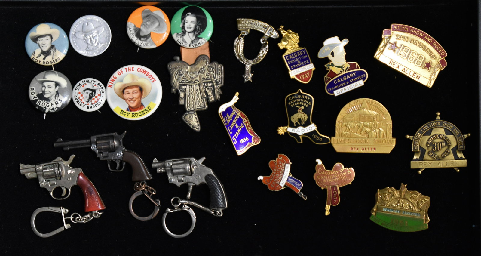 1950s and Later Premiums - Cowboy/Stock: including Western pin backs and premiums with characters Tom Mix, Dale Evans, Andy Clyde, Rex Allen, plus Calgary Exhibition and Stampede (1944, 1947, 1954, 2-1956, 1957), Live Stock show and rodeo pi