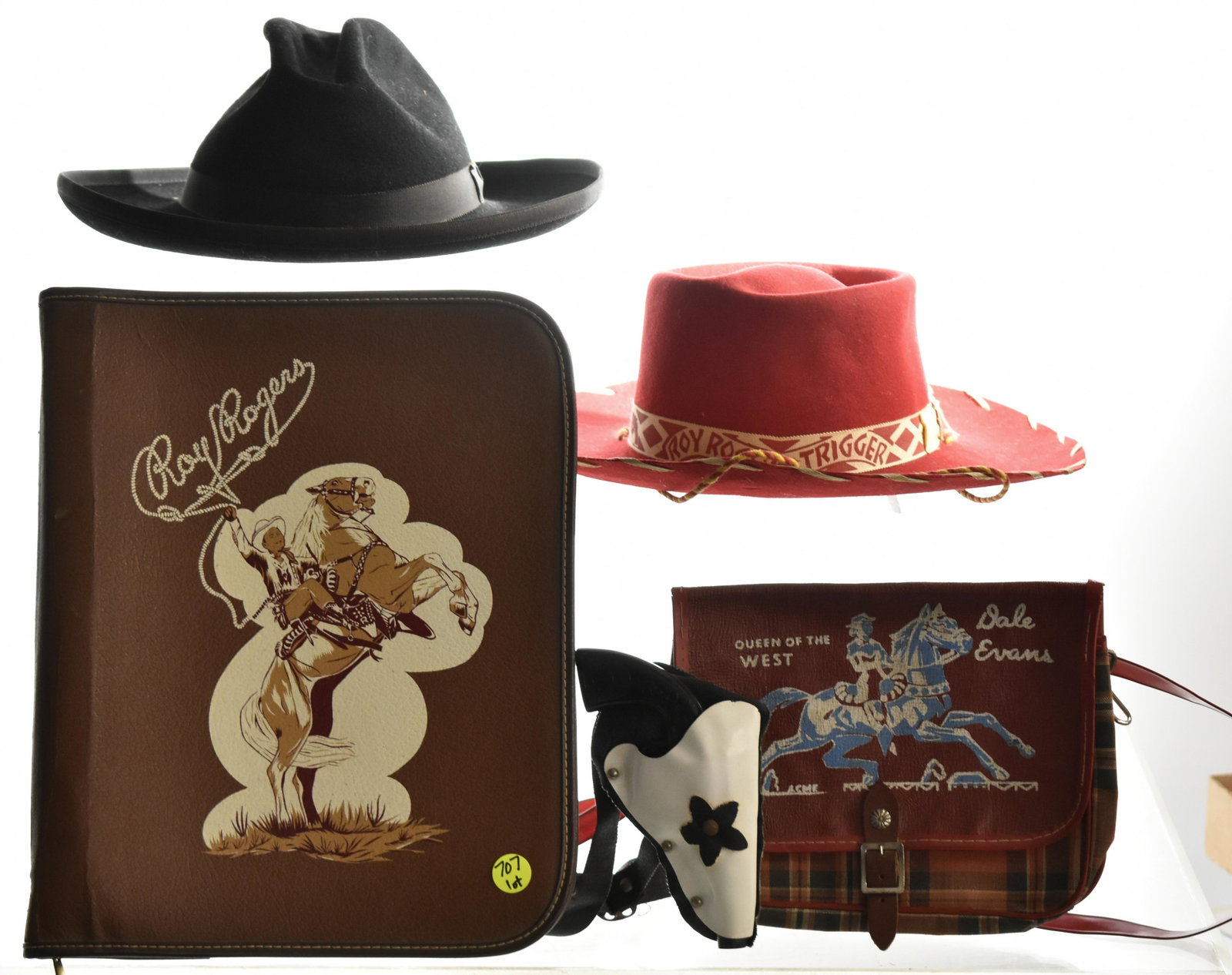 Roy Rogers, Dale Evans, Hopalong Cassidy Grouping: including Dale Evans plaid pocketbook by Acme, Hopalong Cassidy cowboy black felt hat (ripped satin interior) made by Bailey of Hollywood, Roy Roger and Trigger red felt hat (interior band has loss), 