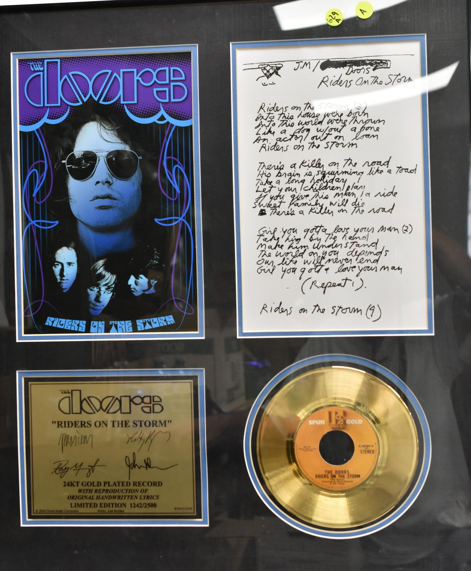 Ltd Ed 24K Gold Record Riders on the Storm: Framed single with reproduction of handwritten lyrics, limited edition 1242 of 2500, copyright 2004 Doors Music Co., photo by Joel Brodsky, also marked Signature Network