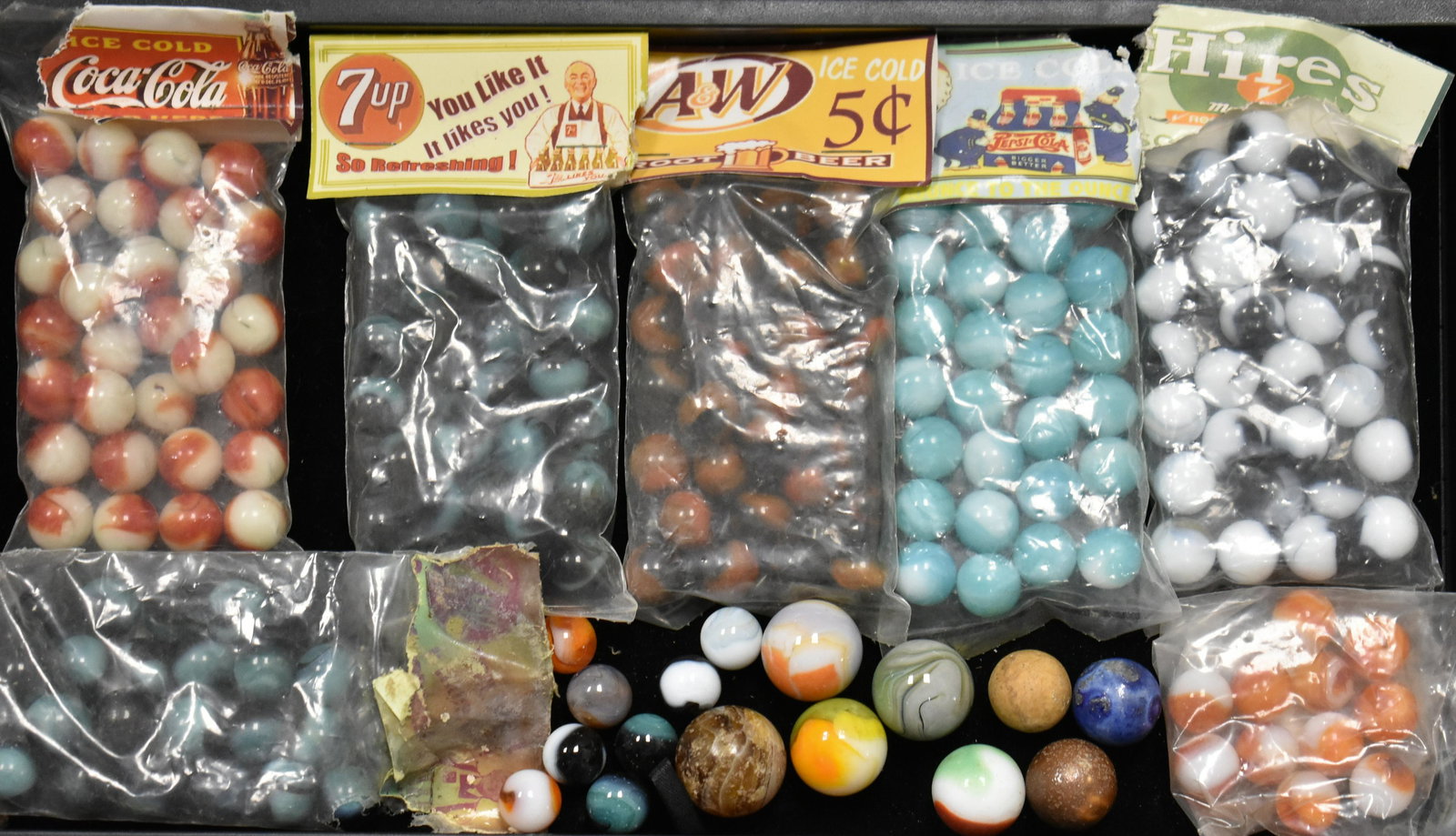 Vintage marbles "NIP": Including six packs of soda fountain marbles, Knucklers and three large clay marbles.