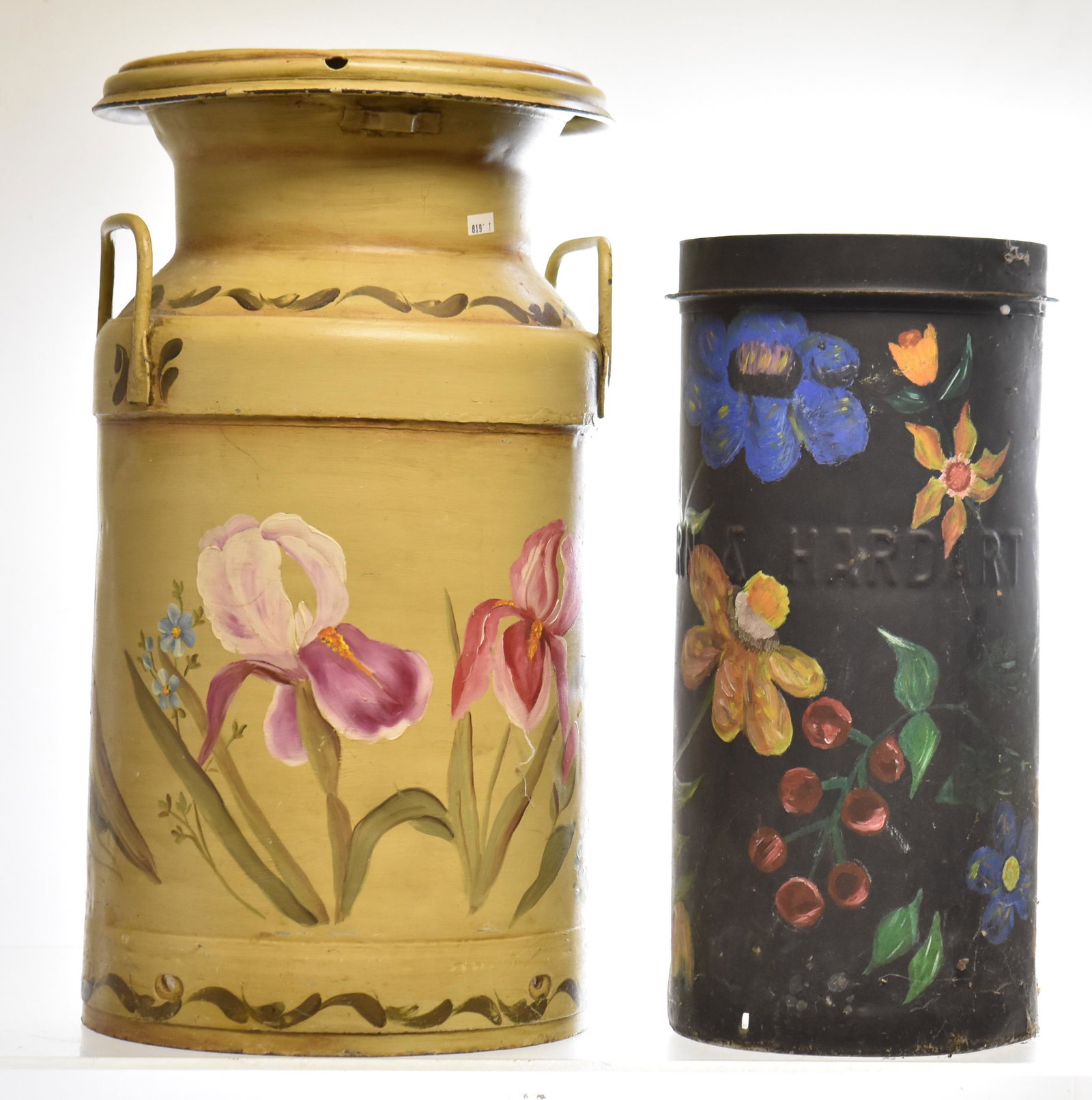 Decorated Milk Can: Including a Grains Derry Decorated milk can, a Korean can (missing lid).