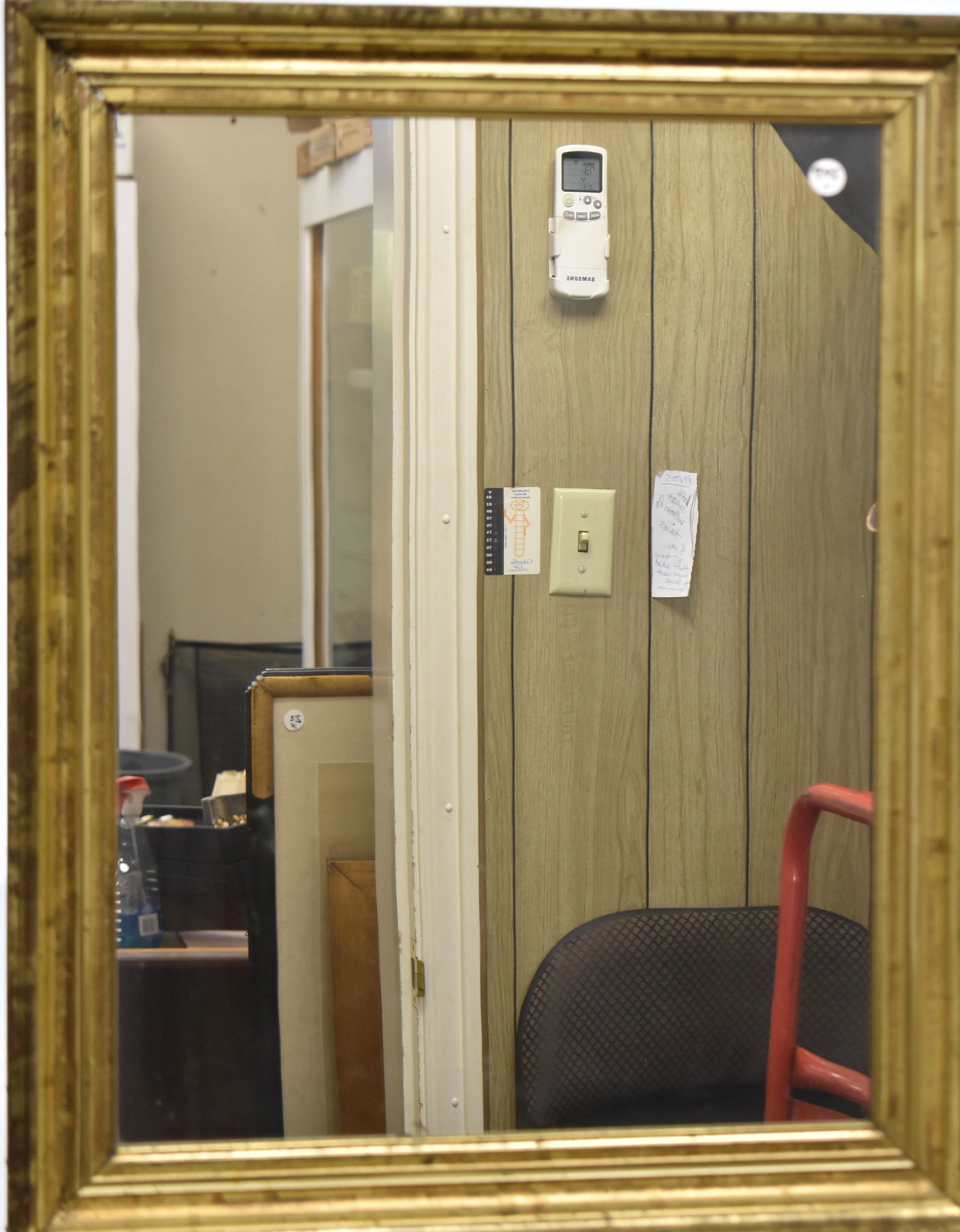 19th C. Gilded Looking Glass: Item measures approx. 27" x 22". Item has original gilding with common wear, and true looking glass.