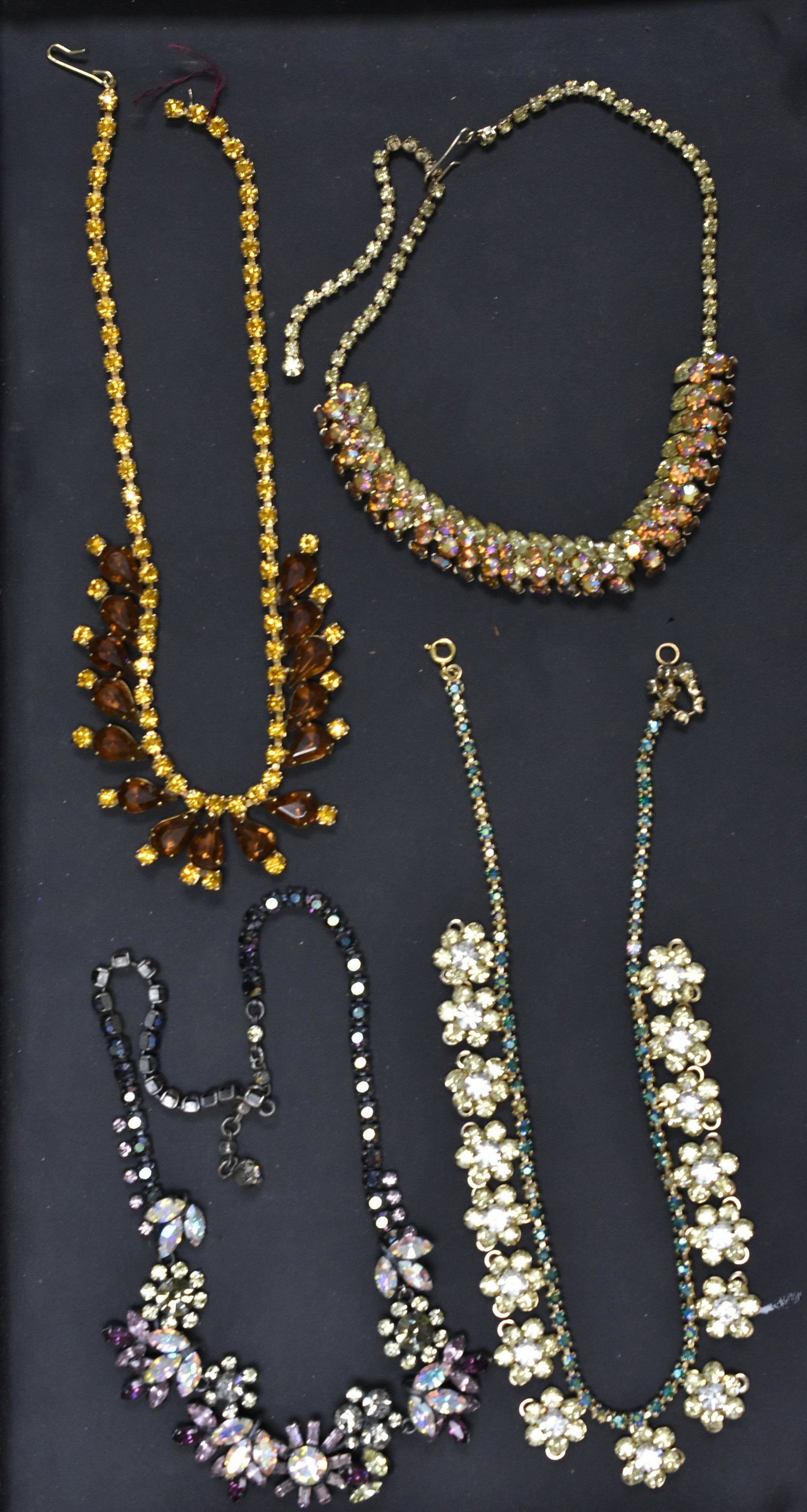 Vintage Lemon and Topaz Colored Rhinestones: Four colorful quality necklaces with lemon and topaz colored rhinestones.