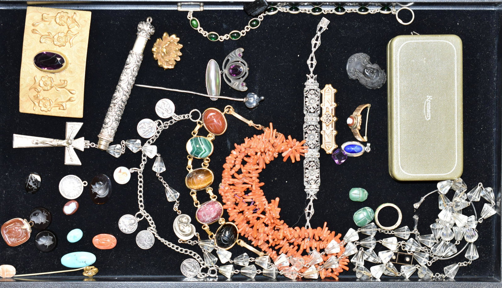Victorian Jewelry Grouping: Grouping includes a large sterling repousse floral propelling pencil, sterling and marcasite bracelet, long branch coral necklace bar pins, scarab bracelets, loose intaglios, and more.