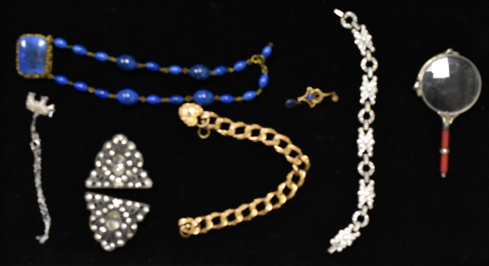 Art Nouveau To Art Deco Grouping: Includes French Hallmarked Sterling and Marcasite Lorgnette, crystal clips, Victorian gold fill, heart and curb link bracelet, blue glass czech bracelet, lavaliere, and more.