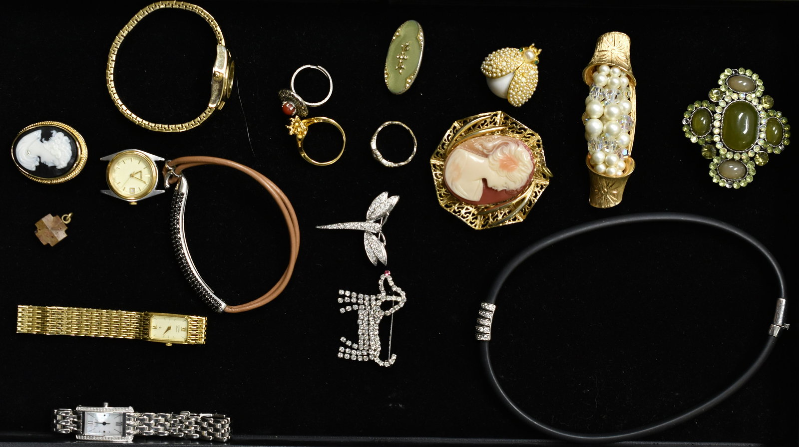 Vintage Jewelry and Watch Grouping: Includes brooches, watches, bracelets, ring, tow citizen watches (one is Eco-Drive), and a sterling black gem stone cord bracelet.