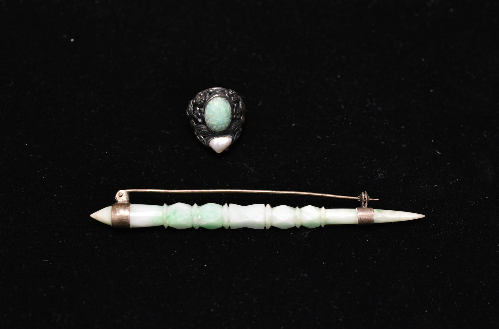 Antique Sterling Jade Pin and Ring: The approx 4" long jade pin is hand carved with excellent color and the ring has an early baroque pearl and jade scarab with floral details.
