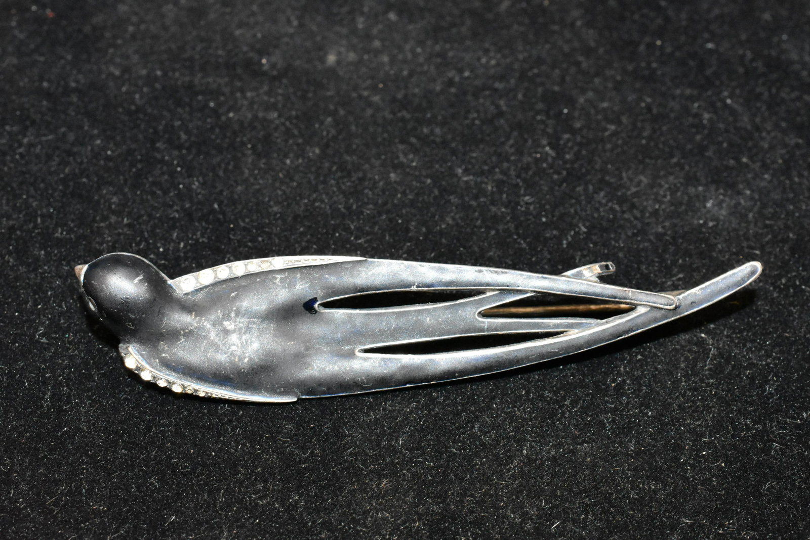 Antique French Sterling Art Deco Bird Pin: The bird in flight is black enamel with clear stones and signed Depose, Sterling, and a third mark is illegible.