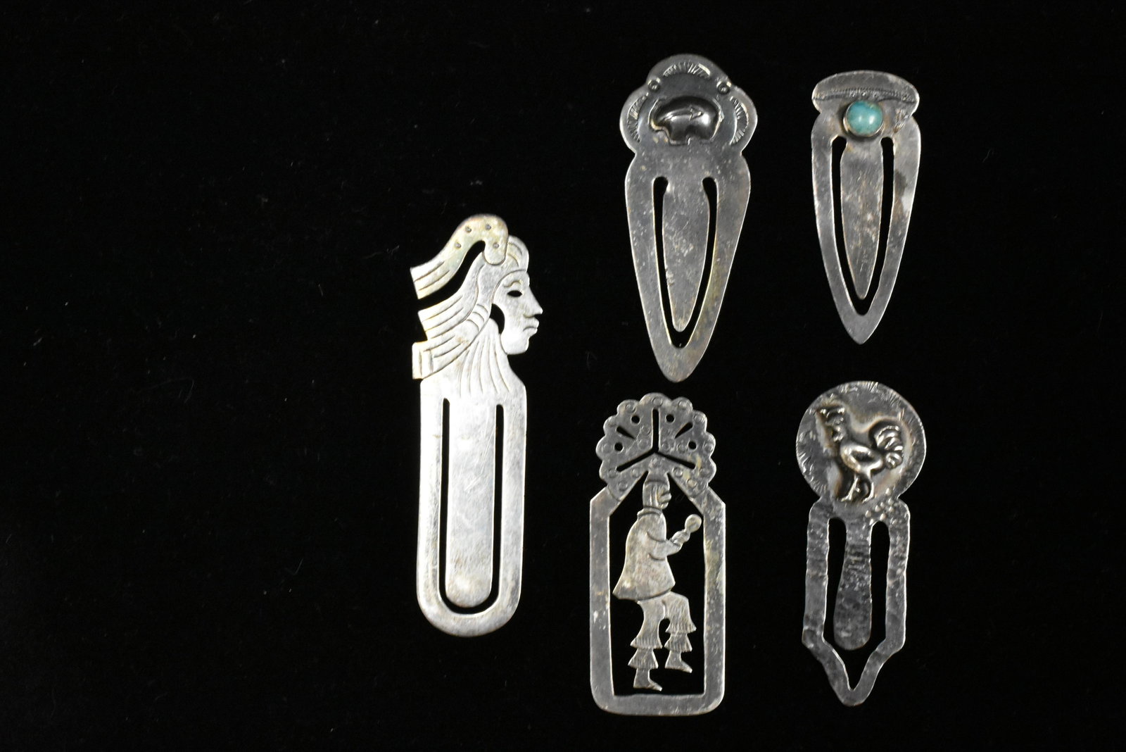 Fine Vintage Sterling Bookmarks: includes three Mexican bookmarks with two warriors, a chicken, and two Native American with a bear and turquoise piece.
