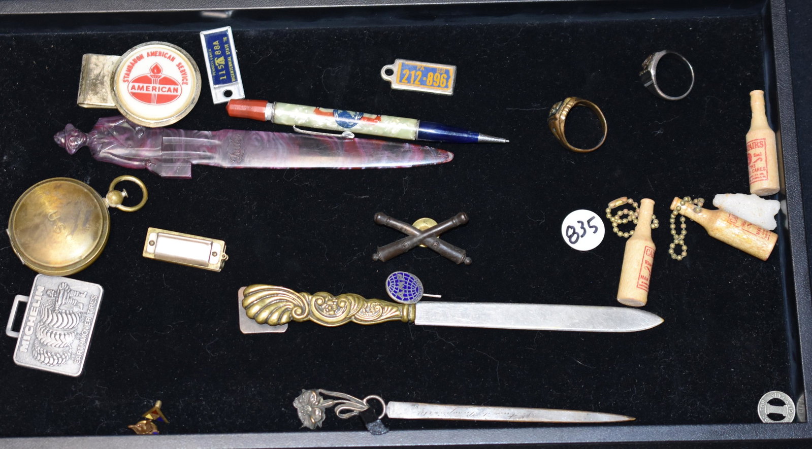 Desk Items and Military Compass: including a Waltham compass marked US, two Victorian letter openers, two Masonic men's rings (approx size 8), and various advertising items.