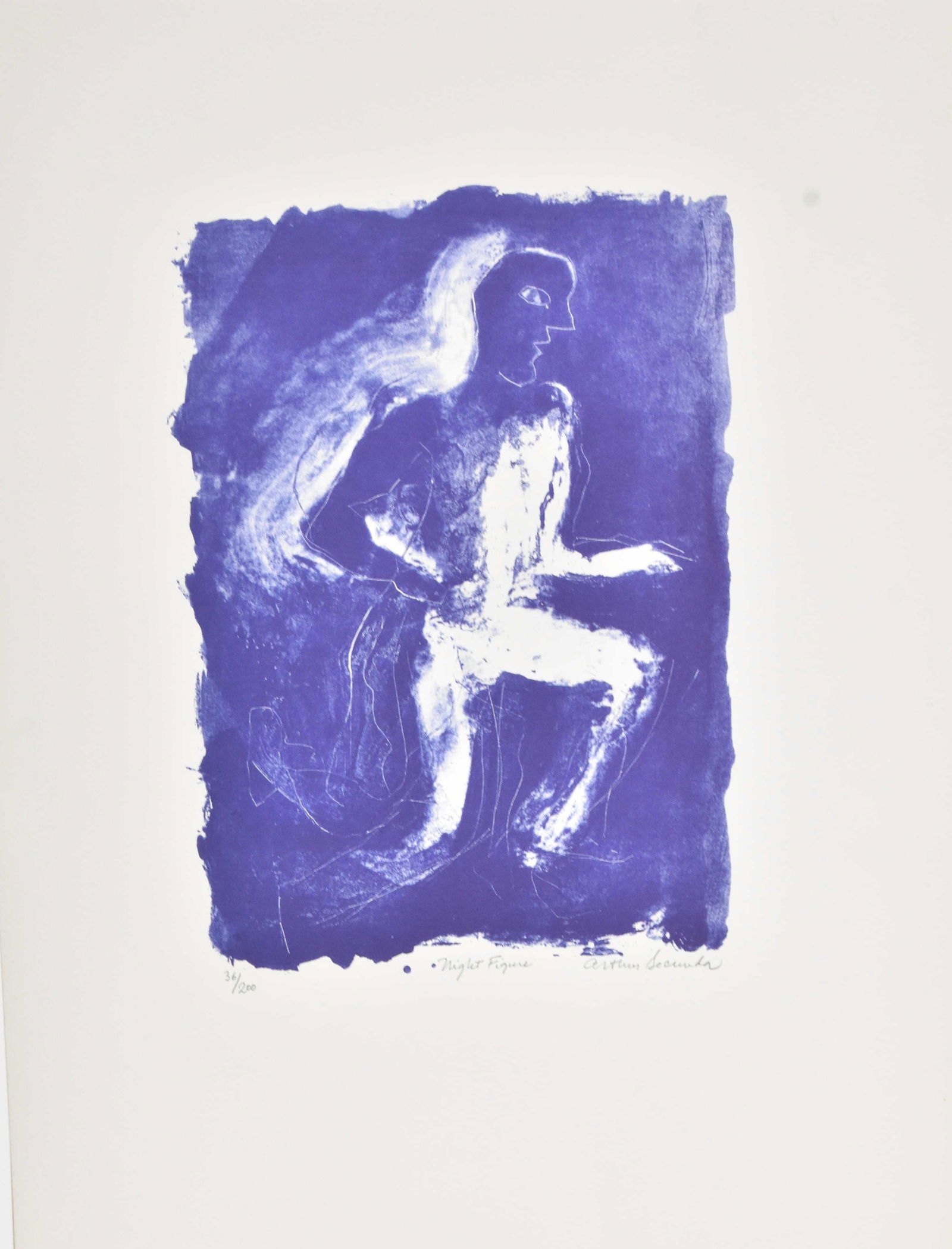 Lithograph by Arthur Secunda (1927 - ): Image measures approx. 12"h x 8"w. It is titled "Night Figure" and is numbered 36/200 and signed lower right. Secunda ia a listed American artist.