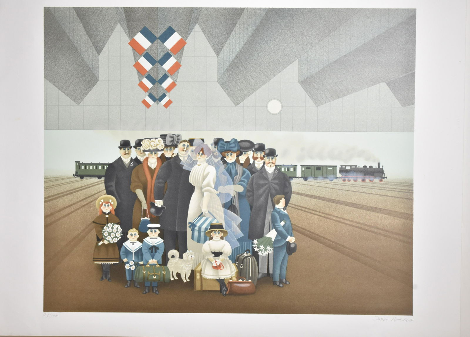 Large Folio Print by Jan Balet (1913-2009): Measures approx. 22"h x 30"w. It depicts people at a train station and is numbered and hand signed. Balet is a listed artist born in Germany.