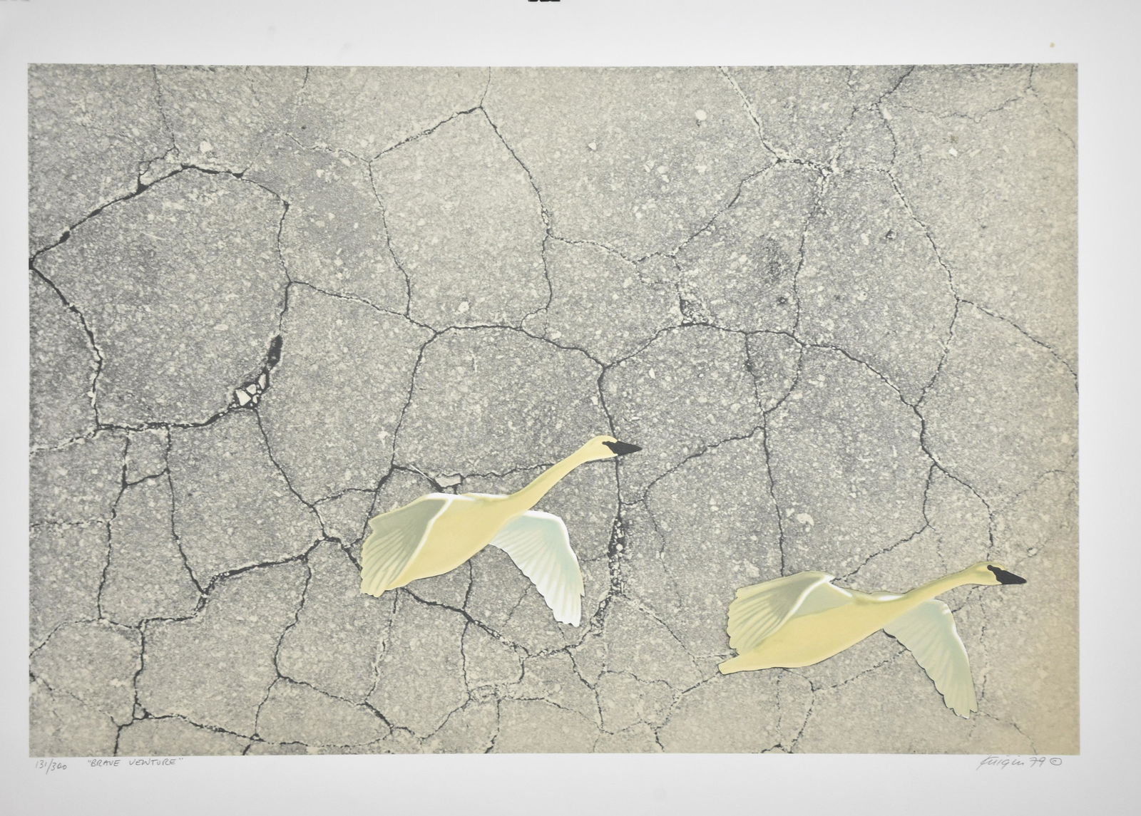 Large Folio Lithograph by Michael Knigin (1942 - ): Measures approx. 21"h x 30"w. It is titled "Brave Venture" and is hand signed and numbered. Note: Damage to border on the left side. Knigin is a listed American artist