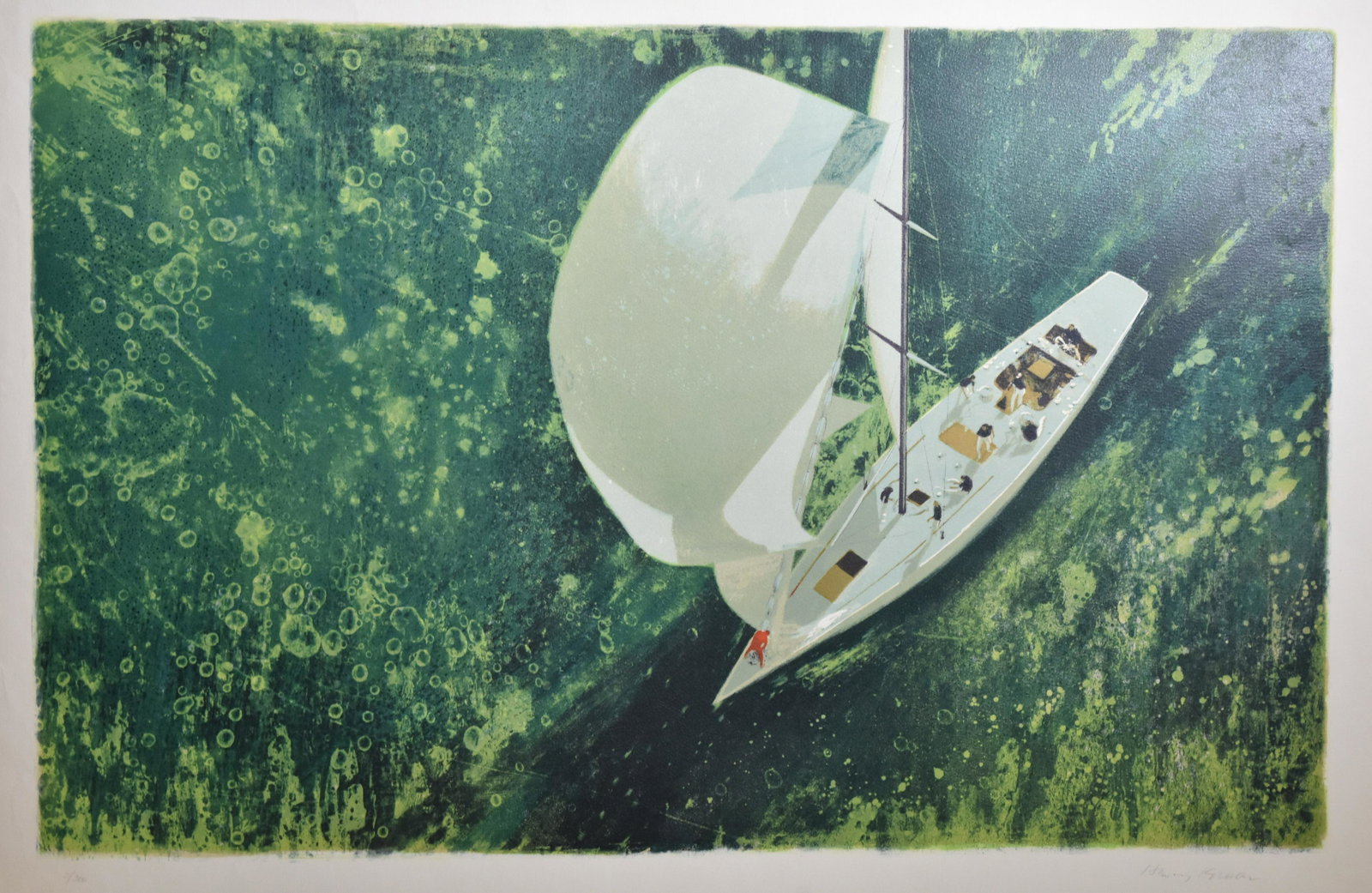 Print of a Sailboat by Henry Koehler (1927 - ): Measures approx. 23 1/2"h x 34 1/2"w. It is a print of the H-7500 Constellation racing yacht. It is hand numbered and hand signed. Koehler is a listed American artist.