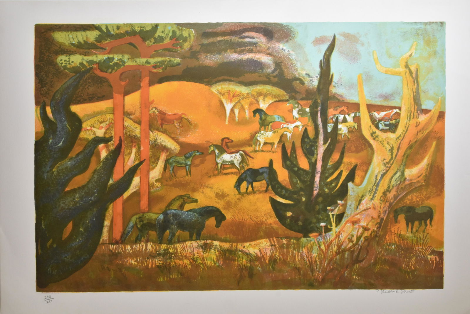 Lithograph by Millard Sheets (1907 - 1989): Measures approx. 23 1/2"h x 35"w. It depicts horses in a field and is hand numbered and hand signed. Note: Roughness along right border. Sheets is a listed California artist.