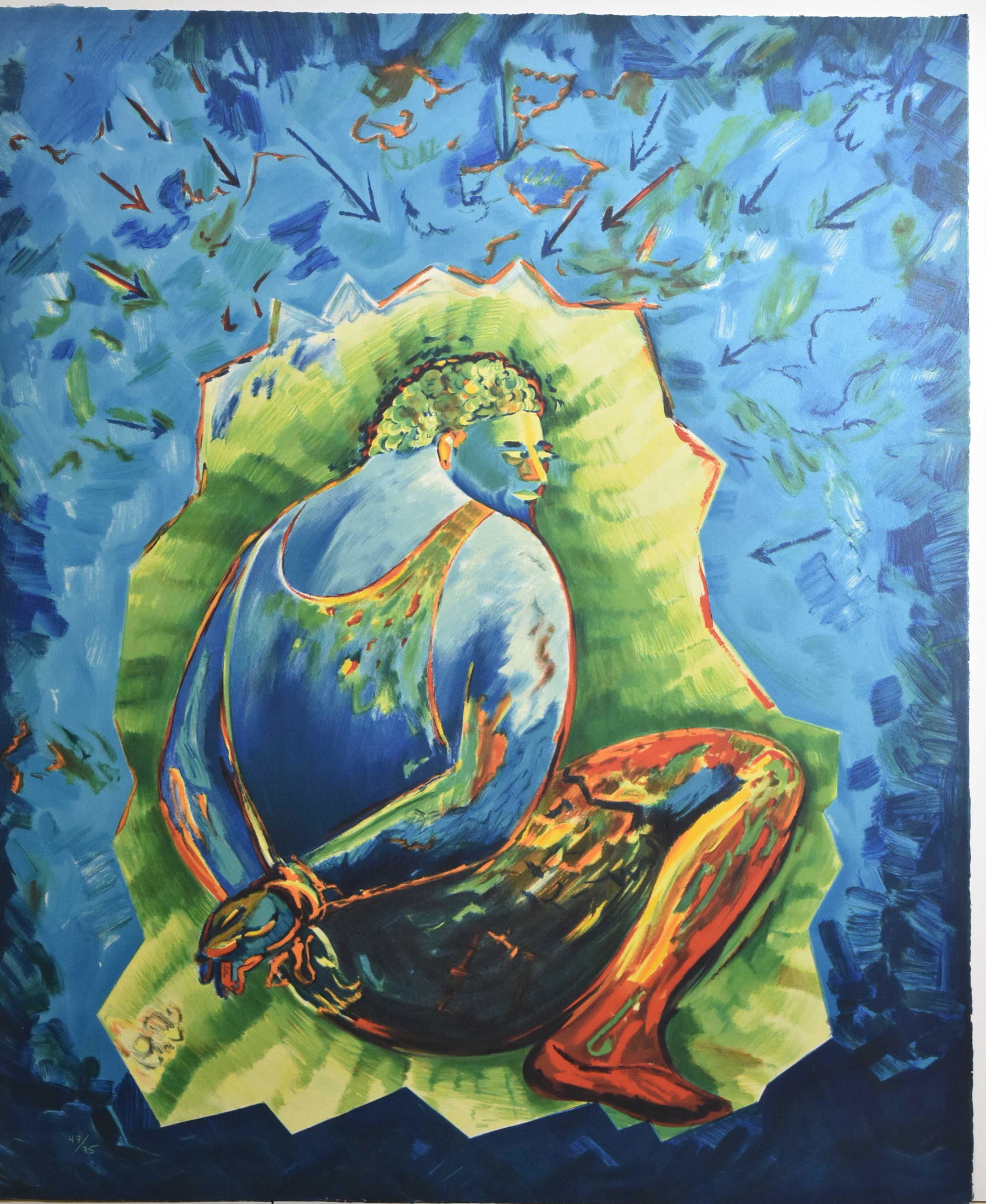 Lithograph by Sandro Chia (1946 - ): Measures approx. 31 1/2"h x 26"w. It depicts a man with his hands bound behind his back. It is numbered on the front and the artist's name is hand printed on the back. Chia is a listed Italian artist.