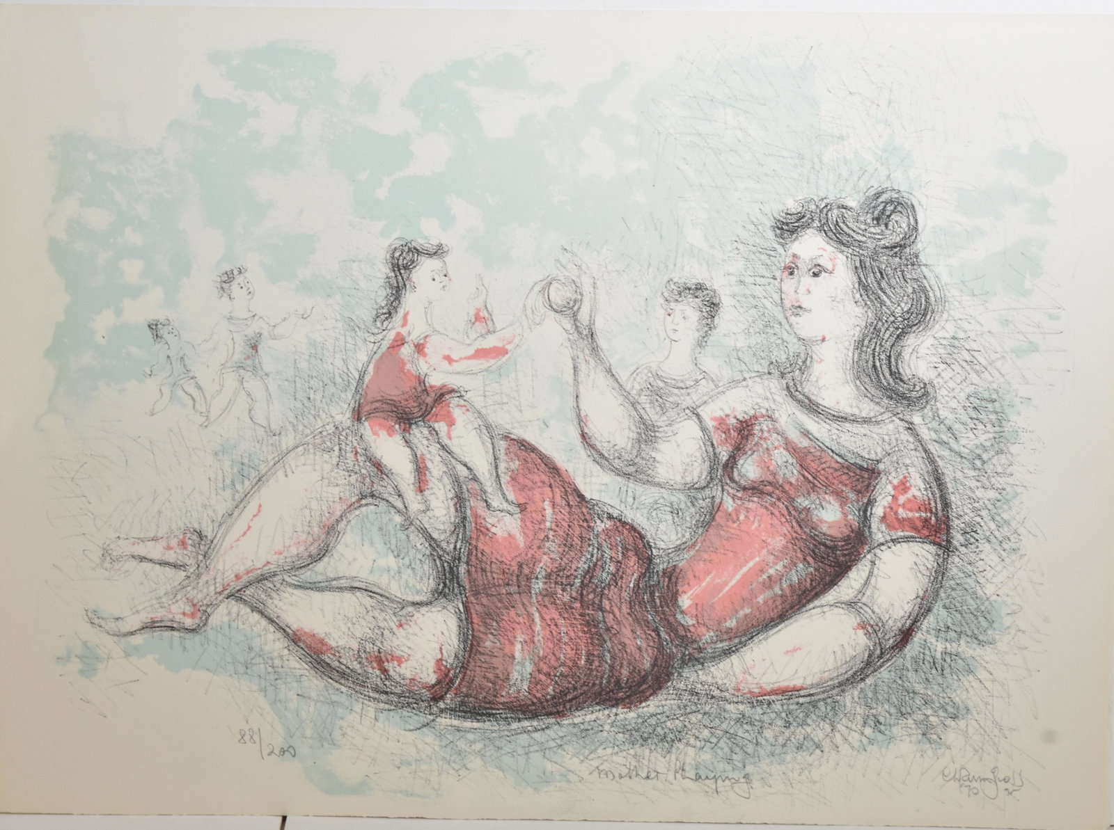Lithograph by Chaim Gross (1904 - 1991): Measures approx. 19"h x 26"w. It is titled "Mother Playing" and is hand signed and numbered. Gross is a listed artist born in Poland.