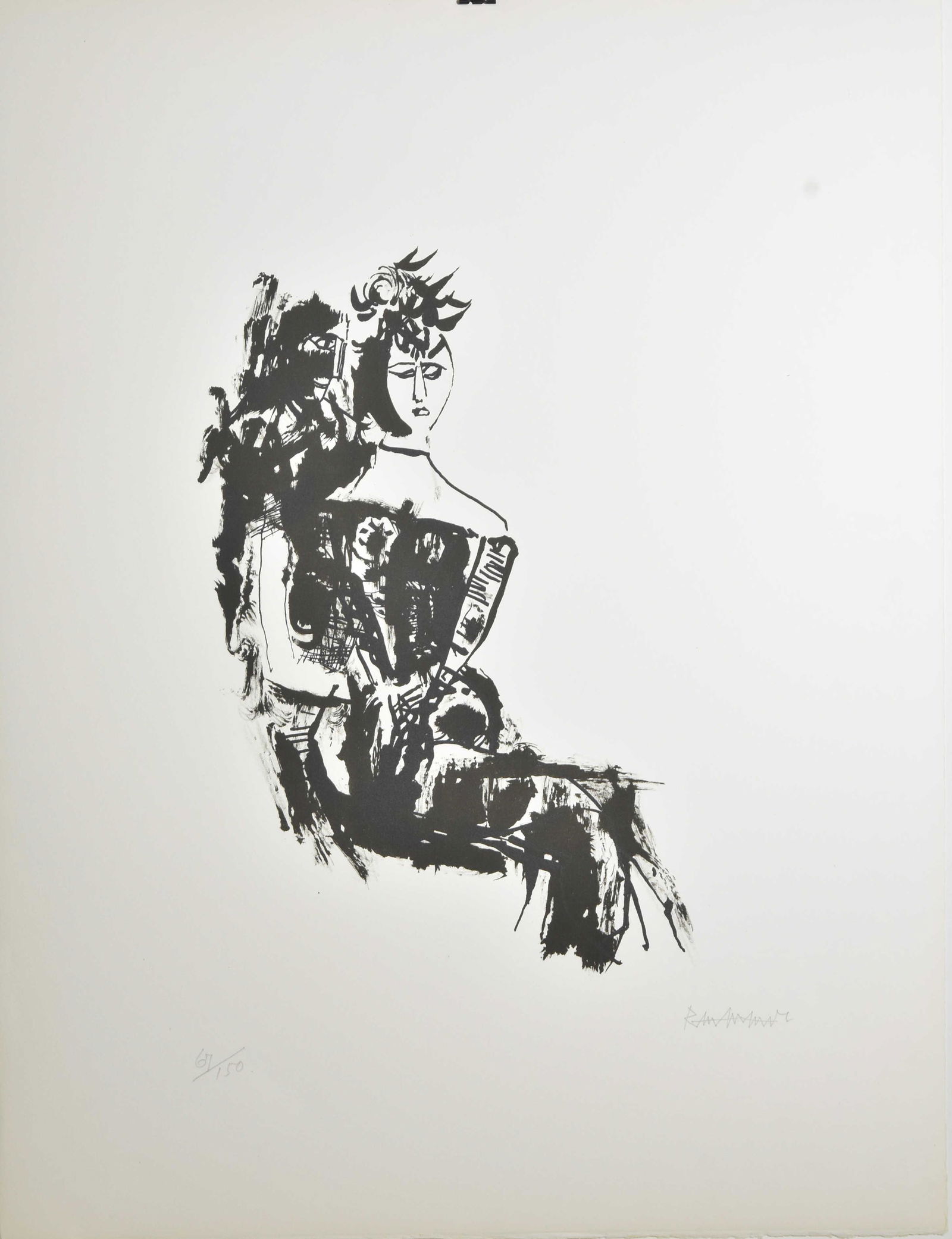 Print by Abraham Rattner (1893 - 1978): Measures approx. 26"h x 20"w. It depicts a seated woman and is hand numbered and hand signed. Rattner is a listed American artist.